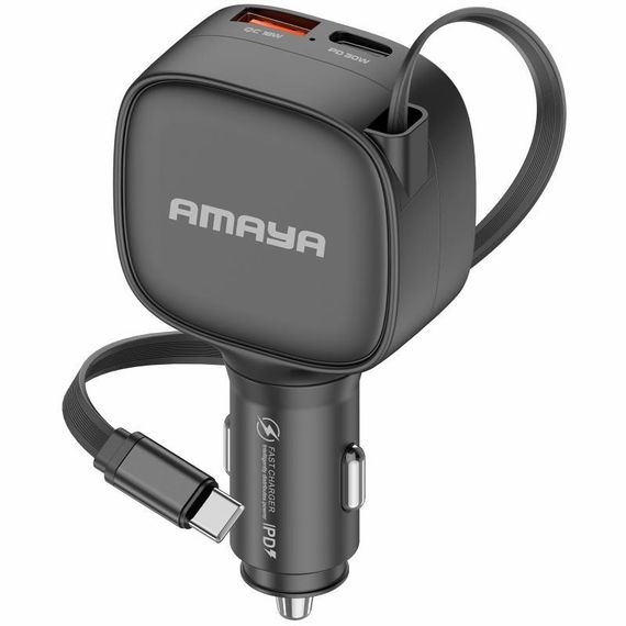 АЗП Amaya ACC-12C PD57.5W+QC3.0  total 84W (1USB-A/1C) with retractable cable Type-C Black