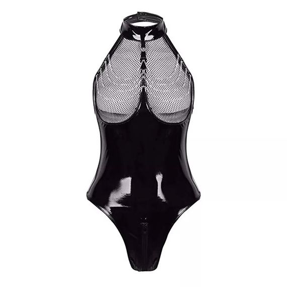 Лаковане чорне еротичне боді з оголеними грудьми 3XL | Зображення 9