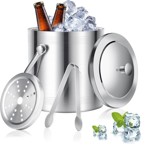 Ведро для льда 2л с крышкой, щипцами, ситечком термоизолированное с двойными стенками для охлаждения напитков.