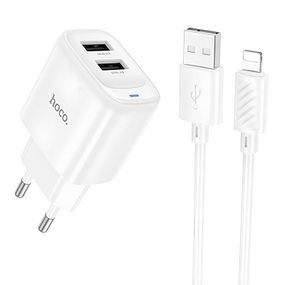 СЗУ Hoco C141A Smart 2.1A (2USB-A) + кабель USB to Lightning White