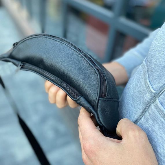 Функціональна бананка, Чорна шкіряна сумка бананка Зручна чорна чоловіча барсетка AM-19