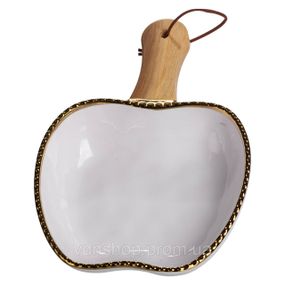 Тарілка порцелянова глибока з ручкою Яблуко 23×16×4 (см) блюдо сервірувальне з ручкою для подачі тарілка сковорода Золото ZJH-14-1