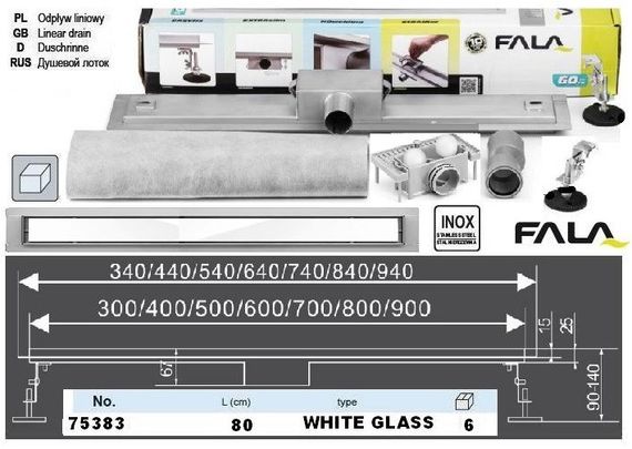 Трап для душа напольный Польша WHITE GLASS нержавейка 80 см FALA-75383