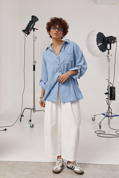 Подовжена вільна сорочка в смужку - блакитний цвет, ONE SIZE (є розміри) | Зображення 2