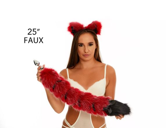 Анальний хвіст зі стрічкою без пробки, Темно-червоний з чорним кінчиком, OKOVA 60 см. sexstyle