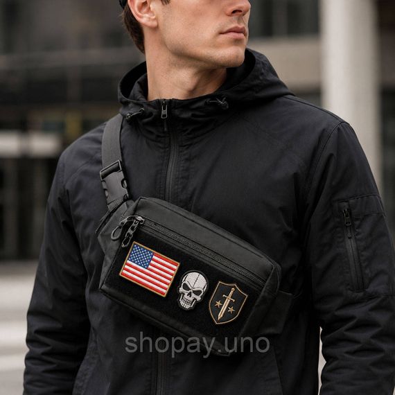 Тактическая сумка-бананка Cordura черная, 25×17×7 см, панель для патчей, 4 кармана, через плечо / на пояс | Зображення 6