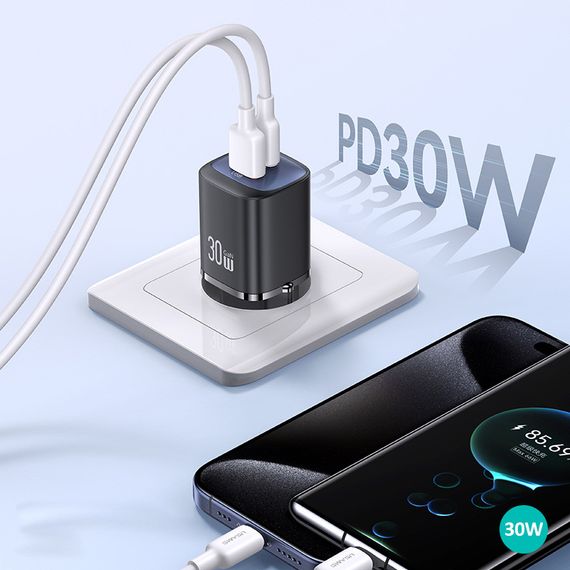 СЗУ Usams US-CC254 GaN HC Ser. 30W (1USB-A/1C) Black | Зображення 1