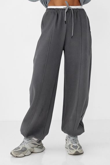 Теплі спортивні штани палаццо з подвійним поясом - темно-сірий цвет, L (є розміри)