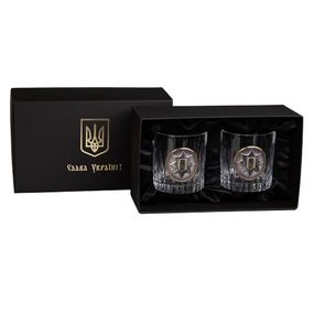 Набір для віскі "НАЦІОНАЛЬНА ПОЛІЦІЯ" 2 келиха 360 мл,чистий кришталь, зображення зі срібла з позолотою