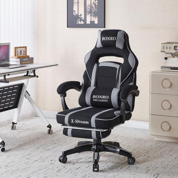 Крісло геймерське з тканини Bonro Бонро B-141 сіре з підставкою для ніг (42401110) | Зображення 1