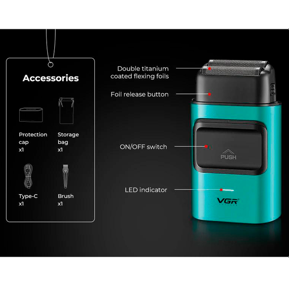 Электробритва VGR V-307 GREEN шейвер, двойное лезвие, 2000mAh, 9000 RPM | Зображення 2