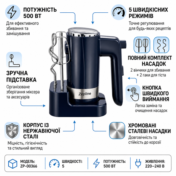 Мощный ручной миксер для взбивания и замешивания 500 Вт Zepline ZP-00366 | Зображення 1