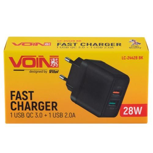Мережевий зарядний пристрій VOIN 28W, 2 USB, QC3.0 (Port 1-5V*3A/9V*2A/12V*1.5A. Port 2-5V2A) | Зображення 1