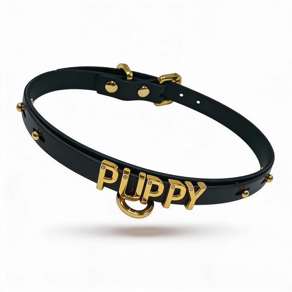 Чокер з написом PUPPY від UPKO з італійської шкіри, чорний із золотою фурнітурою Sex Aura | Зображення 3