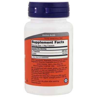 Аминокислота Now Foods L-Теанин, L-Theanine, Double Strength, 200 мг, 60 вегетариа (NOW-00147) | Зображення 1