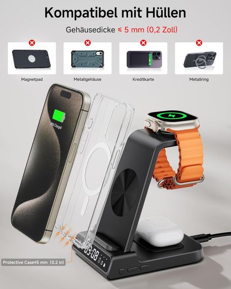 Беспроводная зарядная станция 3в1 для iPhone 16/15/14/13/12 Pro, Apple Watch AirPods Pro/4/3/2 быстрая зарядка | Зображення 5