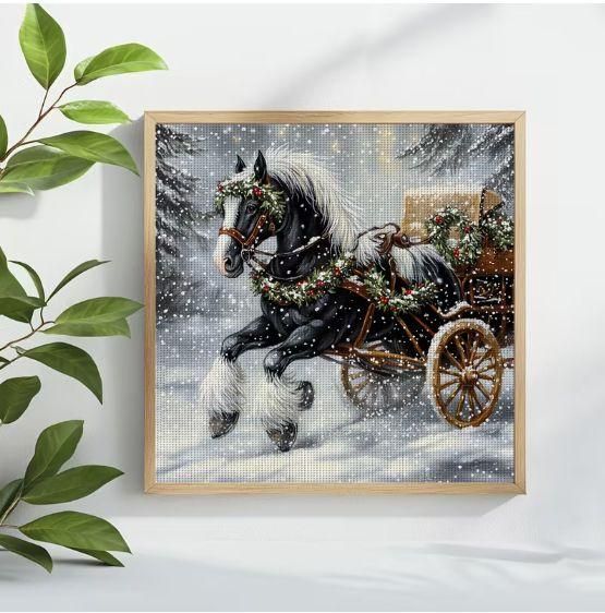 Набор для вышивки крестом ZUOANLF "Черный Конь в Заснеженном Лесу" 14CT, 40x40 см, канва Аида с нанесенным рисунком | Зображення 4