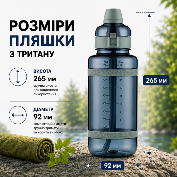 Спортивная бутылка для воды 1000 мл из тритана с соломинкой, Бирюзовая - Ударопрочная и без BPA | Зображення 2