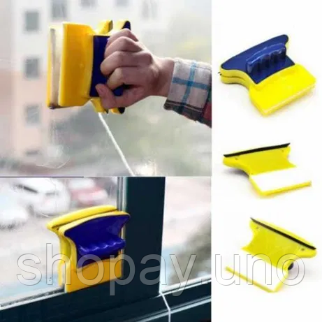 Магнітна щітка для миття вікон із двох сторін Magnetic Double side Cleaner 40мм зі страхувальним шнуром жовто-синя | Зображення 5
