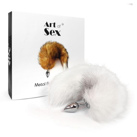 Металлическая анальная пробка с хвостом из натурального меха Art of Sex size M White fox | Зображення 4