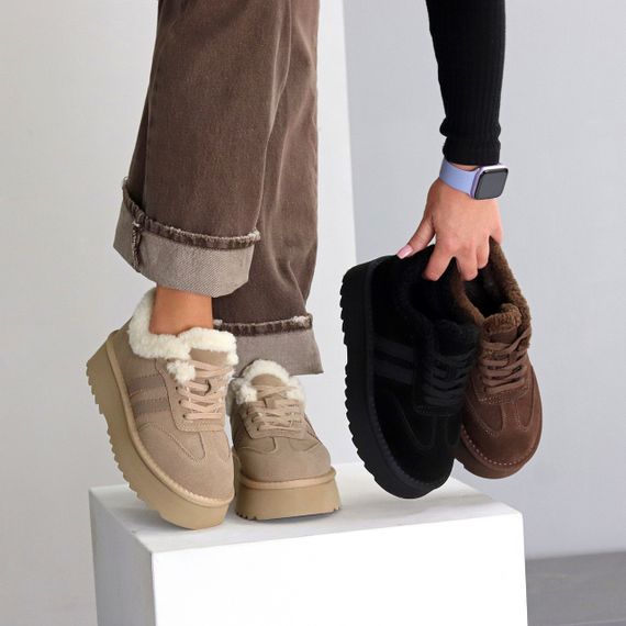 Модные зимние кроссовки угги натуральная замша цвет Латте | Зображення 9