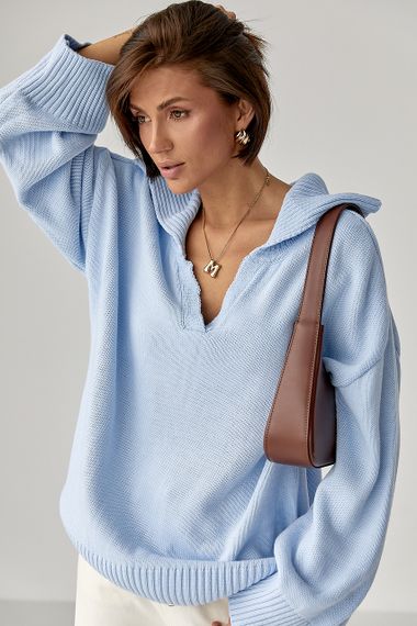 В'заний светр-поло вільного крою - блакитний цвет, ONE SIZE (є розміри) | Зображення 4