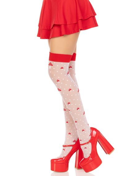Панчохи Leg Avenue Polka Dot Mushroom Thigh Highs, One Size, біло-червоні, на резинці, малюнок — гриби | Зображення 3