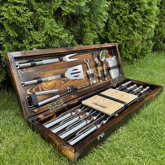 Набор шампуров BBQ Lux - 2 ручной работы. Шашличный набор шампуров в деревянном кейсе. | Зображення 1