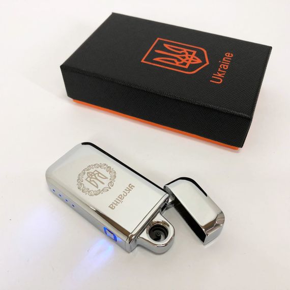 Дугова електроімпульсна запальничка USB Герб України індикатор заряду, ліхтарик HL-442. Колір: срібло | Зображення 2