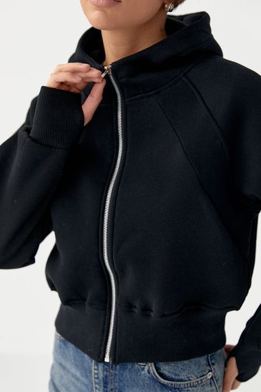 Утеплене коротке худі на блискавці - чорний цвет, S (є розміри) | Зображення 3