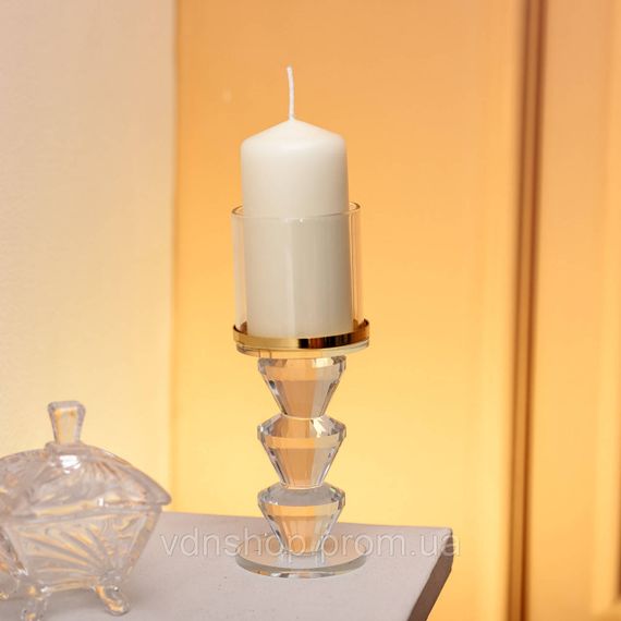 Підсвічник скляний на ніжці з золотою окантовкою 6×16.5 см підсвічник келих декоративний прозорий HP-4-34L | Зображення 1