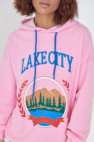 Утепленное худи с принтом и надписью Lake city - розовый цвет, M (есть размеры) | Зображення 3