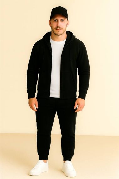 Костюм демісезонний (весна/осінь) з кепкою – худі на блискавці / zip hoodie + штани чорні + футболка біла