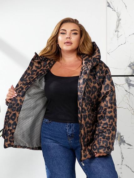 Женская теплая зимняя куртка леопардовый принт с капюшоном NB24056 цвет коричневый, размер 54/56 | Зображення 4