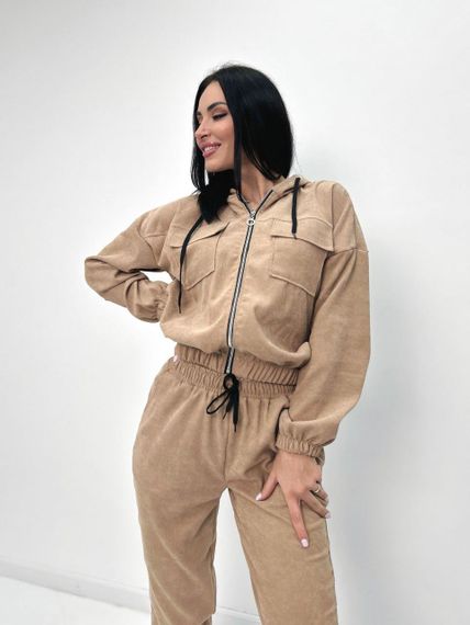 Женский спортивный вельветовый костюм демисезонный на молнии GF07953 цвет бежевый, размер 42/44 | Зображення 1