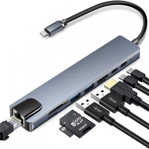 Хаб концентратор 8 до 1 USB Type-C перехідник  HDMI SD TF RJ45 | Зображення 3