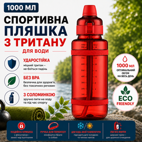 Спортивная бутылка для воды 1000 мл из тритана с соломинкой, Красная - Ударопрочная и без BPA
