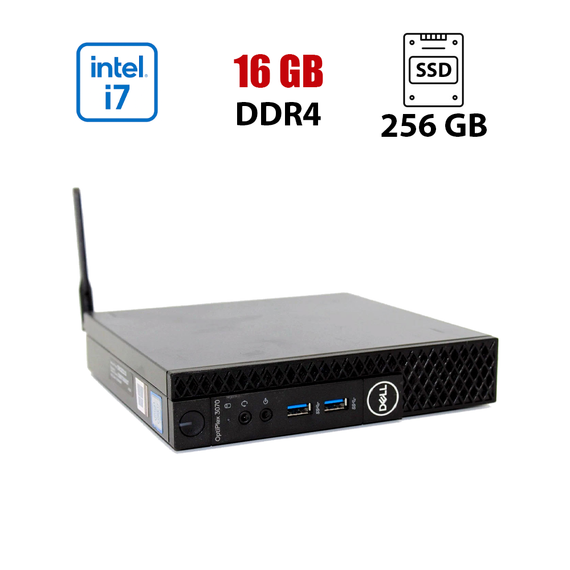Неттоп Dell OptiPlex 3070 Micro USFF / Intel Core i7-9700T (8 ядер по 2.0 - 4.3 GHz) / 16 GB DDR4 / 256 GB SSD / Intel UHD Graphics 630 / DisplayPort / HDMI / Wi-Fi / Win 10 Lic б/у