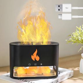 Соляна лампа-зволожувач 3в1, з USB та ефектом полум'я, Чорна / Нічник з ультразвуковим зволожувачем / Настільний