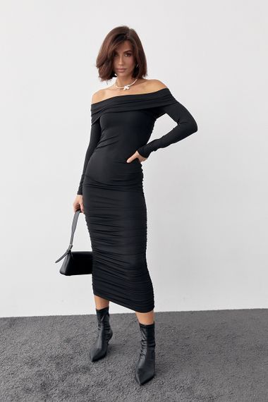 Силуэтное платье с драпировкой и открытыми плечами - черный цвет, S (есть размеры) | Зображення 6