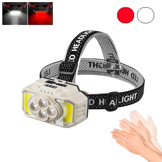 Потужний налобний ліхтар HX-815S із сенсорним керуванням, 4XPE+COB, білий і червоний, ЗП Type C