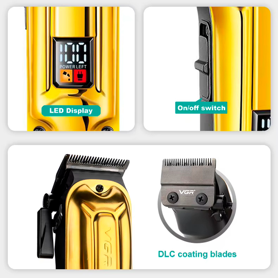 Акумуляторна машинка для стрижки VGR V-138 GOLD, 4 насадки, 7000 RPM, 2500 mAh, LED дисплей | Зображення 6