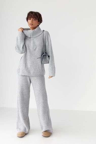 В'язаний костюм із широкими штанами та светром на блискавці - світло-сірий цвет, ONE SIZE (є розміри) | Зображення 4