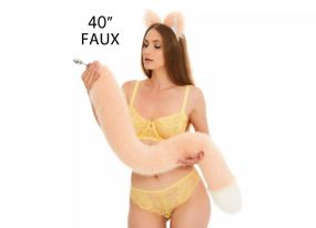 Анальный меховой хвост без пробки, Персиковый с белым кончиком, OKOVA 100 см. sexstyle