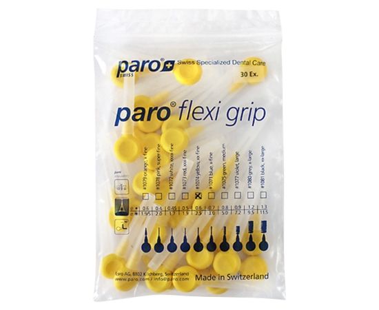 Міжзубні щітки paro® FLEXI-GRIP, xx-тонкі, жовті, циліндричні (Ø щітки 2.5 мм, ДОО* 0.9 мм), 1уп. х 30 шт. | Зображення 1