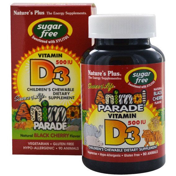 Вітамін D Nature's Plus Animal Parade, Vitamin D3 sugar free 90 Chewable Tabs Black Cherry Flavor