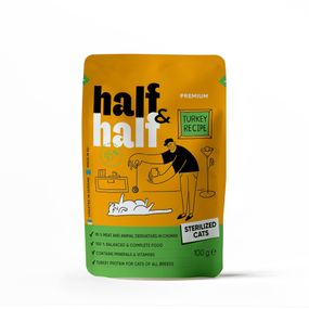 Корм влажный Half&amp;Half для стерилизованных кошек, кусочки с индейкой в желе в форме пауча, 100 г
