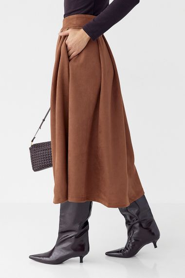 Замшева пишна спідниця довжини міді - коричневий цвет, M (є розміри) | Зображення 4