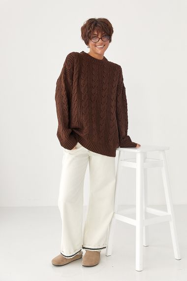 В'язана жіноча кофта в косички - коричневий цвет, ONE SIZE (є розміри) | Зображення 2