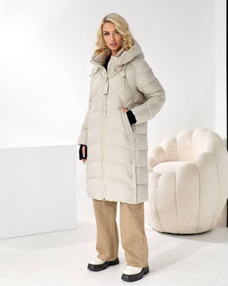Пуховик бежевий жіночий теплий та довгий | Зображення 3